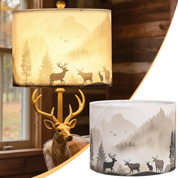 Fabric Lamp Shades, 13x13x10in Drum Lamp Shade, HD Printing Deer and Forest Lampshade, Western Lamps Shades fit with Spider, Rustic Farmhouse Lamp Shades for Table Lamps, Floor Lamps (1 Pack)