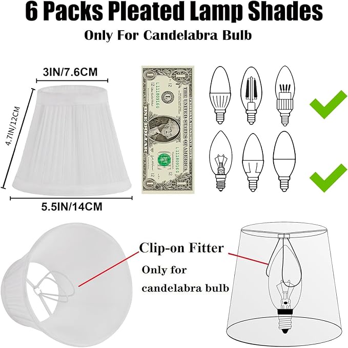 Chandelier Shades Set of 6,Mini Lamp Shade 3" Top x 5.5" Bottom x 4.7" Slant,Small Lamp Shades Clip On Bulb,Pleated Chandelier Lamp Shades,Fabric Lampshades That Attach to The Bulb, 6 Packs(White)