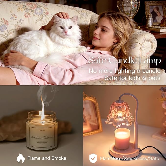 Candle Warmer Lamp with Timer: Pink Flower Candle Warming Lamp with 2 Bulbs Height Adjustable Wax Warmer Dimmable Coquette Preppy Room Home Decor Mothers Day Gift for Women