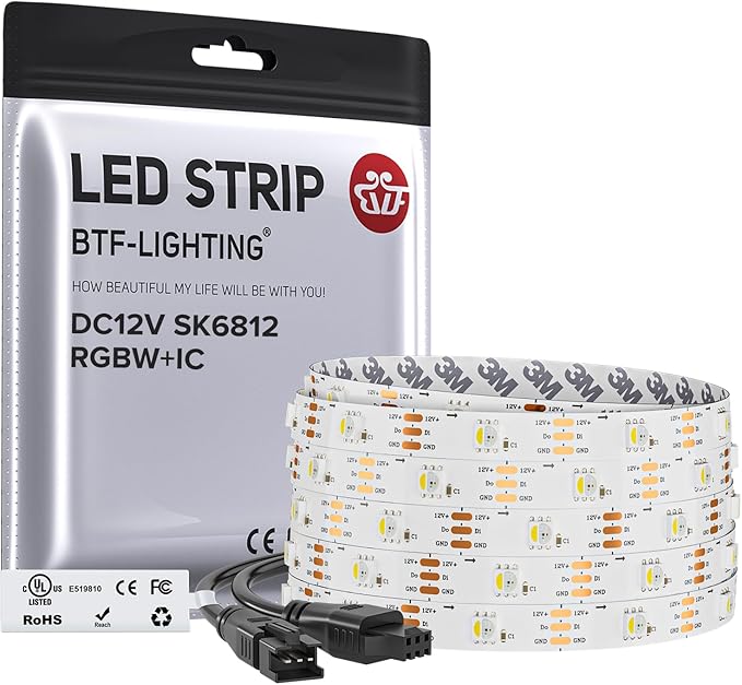 BTF-LIGHTING SK6812(Similar WS2812B) UL Listed RGBW RGB+Natural White(4000K) Individually Addressable DC12V 16.4FT 30LED/m 4 Color in 1 Light Dream LED Strip IP30 White PCB(No Adapter or Controller)