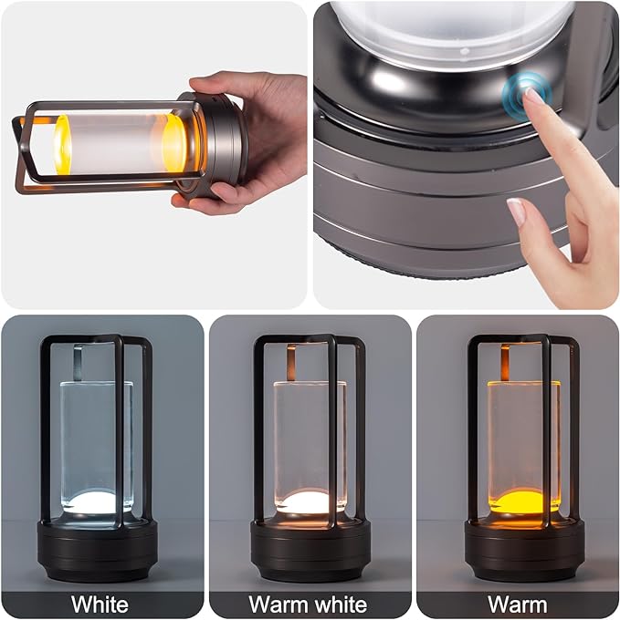 Rechargeable Cordless LED Table Lamp - Waterproof Portable Touch Dimmable Desk Light for Outdoor, Camping, Patio, Bedroom, Living Room - Night Light with Long Battery Life (Grey)