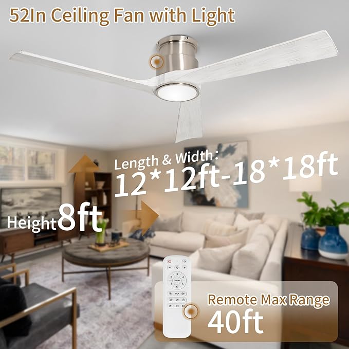 52Inch Ceiling Fan with Lights Remote Control,Flush Mount Ceiling Fan with Noiseless Reversible DC Motor with 6-Speed and Timer for Bedroom,Living Room,Home Office,Brushed Nickel
