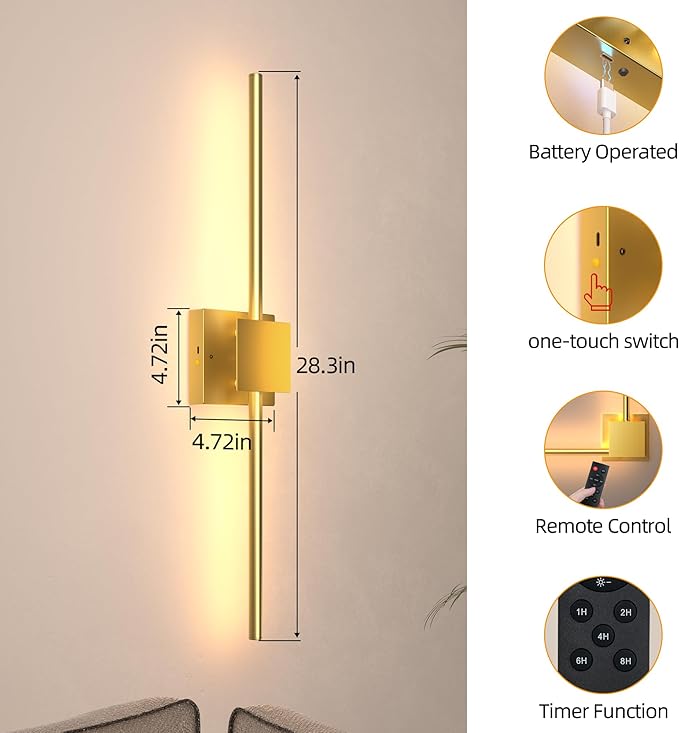 Torchlet Battery Operated Wall Sconces Set of 2 with Remote Control,DIY Independent Rotation Picture Lights,3000K-6000K Dimmable LED Rechargeable Wall Lights for Living Room Bedroom, 28.3'' Gold