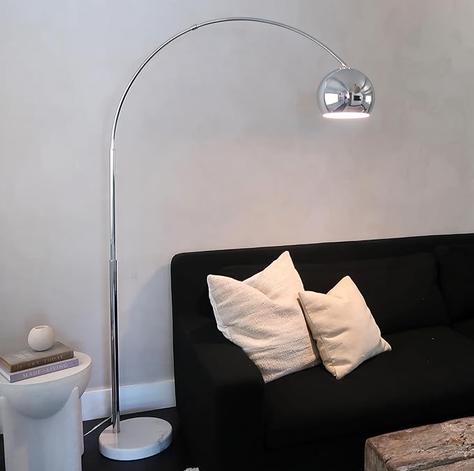Brightech Olivia Floor Lamp - Chic Arc Lamp with Rounded Spolight Head and Marble Base for Living Room, Tall Standing Lamp with LED Light Bulb for Bedroom Reading, Boho Home Decor for Office - Chrome