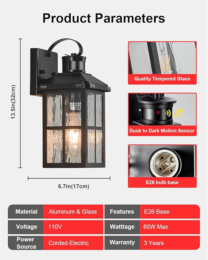 Porch Lights Outdoor with Remote Control: 2 Pack Motion Sensor Exterior Lighting Fixtures Intelligent 3 Lighting Modes Outdoor Wall Lights Sconce Lights for House Patio Front Door Garage