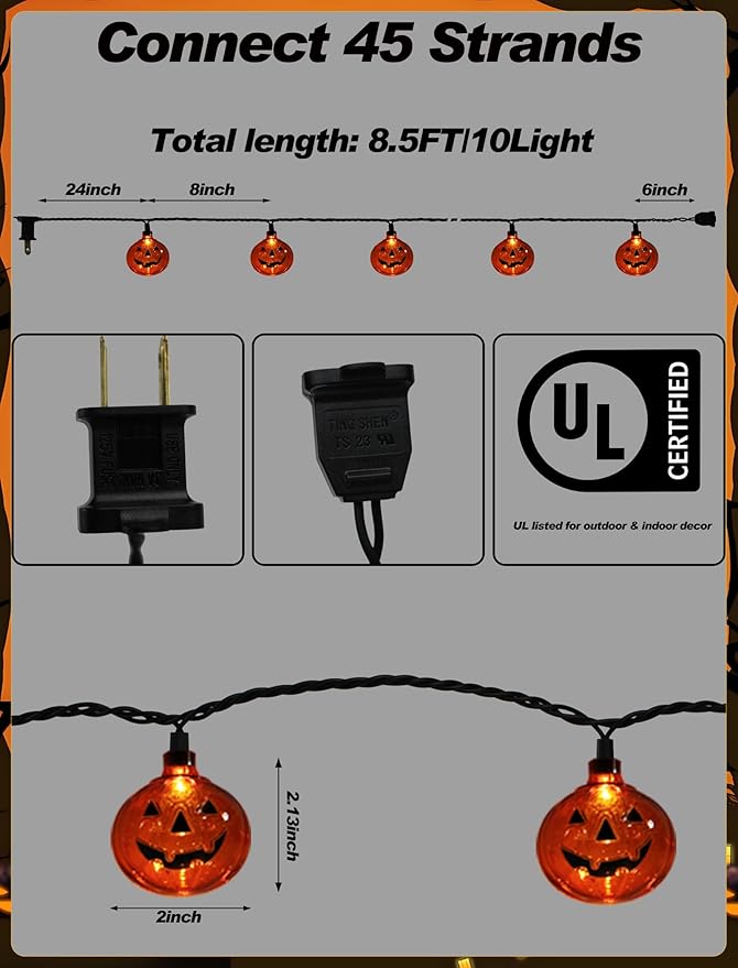 8.5Ft LED Halloween Lights Pumpkin String Lights with 10 Smiling Jack O Lantern Pumpkin Lights, Clear Orange Jack O Lantern for Home Party Yard Porch Indoor Outdoor Decor Halloween Decorations