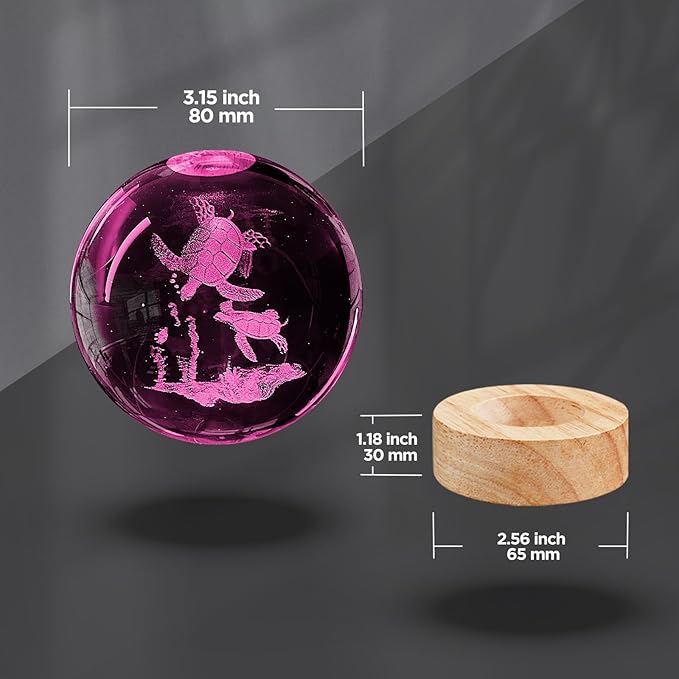 3D Crystal Ball Night Light - 3.15 inch Glass Ball with 16 Color Changing Wooden Base and Remote Control - Turtle Figurines Gift for Friends, Kids, Christmas, Birthday, Decor