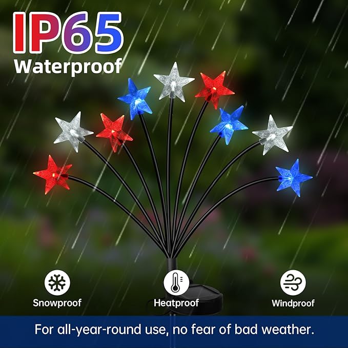 Lewondr 4th of July Decorations Solar Garden Lights, Fourth of July Red White and Blue Light Solar Lights Outdoor, Waterproof Patriotic Decor with 9 LED 2 Lighting Modes for Independence Day, 4 Pack