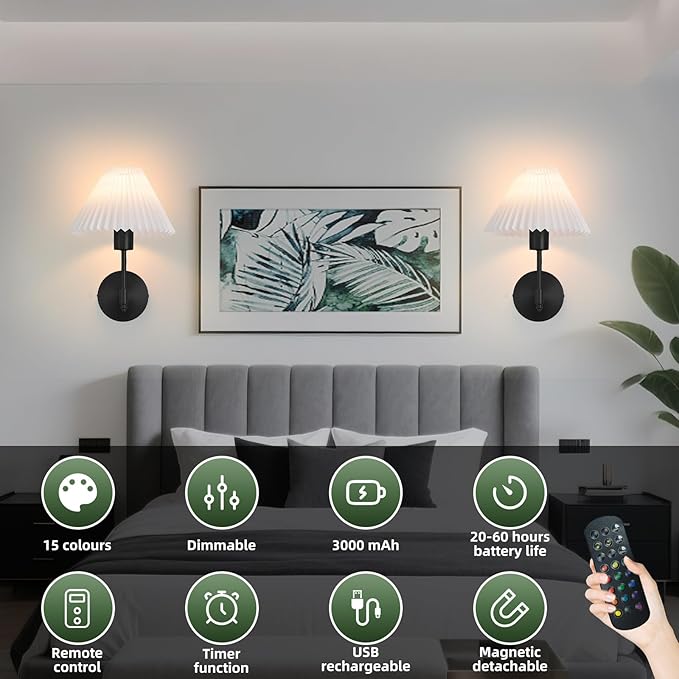 Battery Operated Wall Sconces Set of 2,Black Rechargeable Wall Lights with Remote,Dimmable Wall Lamp with Pleated Shades,15 Colors Wireless Bathroom Vanity Wall Light for Bedroom Living Room Hallway