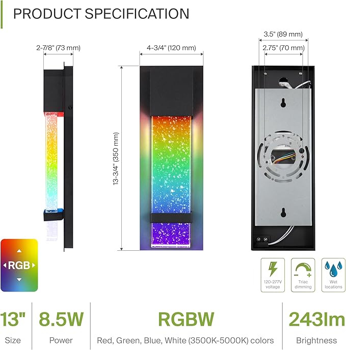 ASD LED 13 Inch Bubble Glass Wall Light Fixture | 9W 250LM RGB-3000K-5000K 100-277V | Multicolor, Waterproof, ETL Listed | Exterior Flush Mount Sconce, Outdoor-Indoor Lighting | Black, 2 Pack