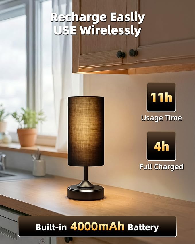 EZVALO Cordless Lamp, Ambient Light, Dimmable, 2700K, Timer, Touch Control, Portable, LED, Battery Operated, Rechargeable, Cordless, Desk Lamp, Kitchen Lamp, Fabric Shade, for Bedroom, Living Room