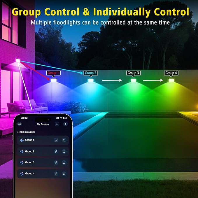 T-SUN LED Flood Lights Outdoor 60W, 600W Equivalent 6000LM Color Changing Landscape Light with APP Control, Waterproof Floodlights with 2700K & 16 Million Colors, Timing, Music Sync, US Plug(4Pack)