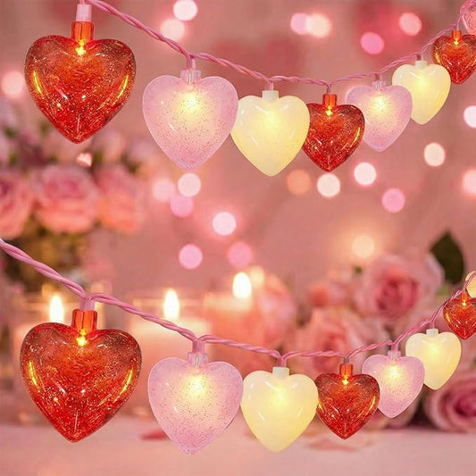 12Ft Red Pink White Heart String Lights, 20 LED 3D Glitter Hearts Plug in Fairy Lights, Connectable Waterproof Valentine's Day Decorations for Bedroom, Window, Wedding, Anniversary, Indoor Outdoor