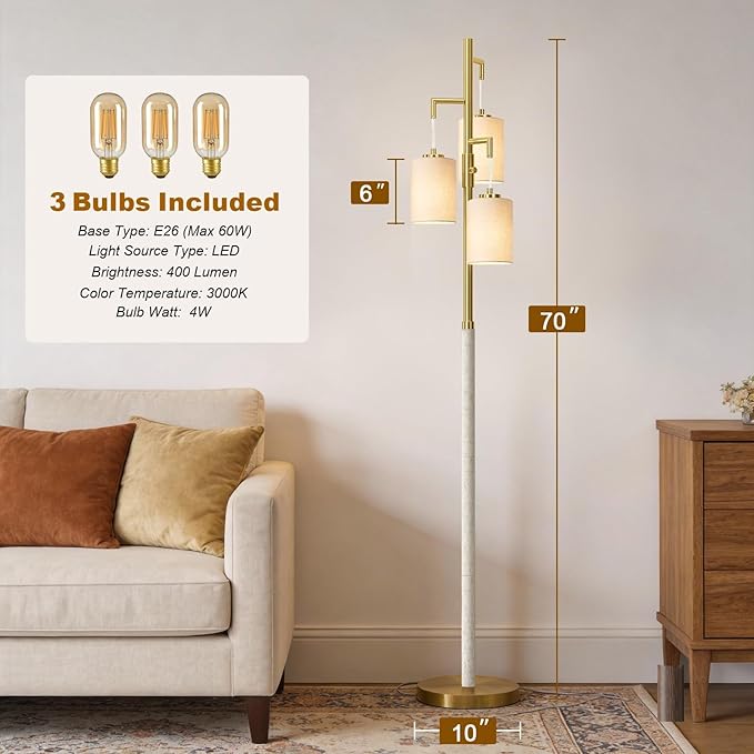 70" Dimmable Floor Lamp Wood Floor Lamps for Living Room Bedroom Mid Century Modern Floor Lamp Gold Standing Lamp Tall Lamps for Office Nursery Reading Elegant Stand Up Lamp, 3 Bulbs Included