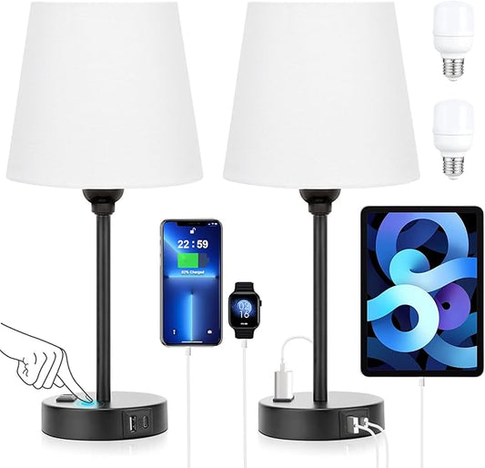 White Bedside Lamps for bedrooms Set of 2 - Nightstand Bedroom Lamp with USB C Port and AC Outlet Charging, 3 Way Dimmable Touch Control Small White Bed Side Table Lamp, Nightstand Light for Kids