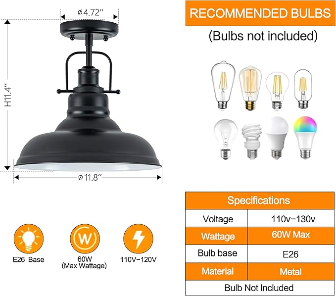 Famrhouse Ceiling Light, Semi Flush Mount Light Fixture with Metal Dome Shade, Balck Ceiling Light for Hallway, Entryway,Kitchen
