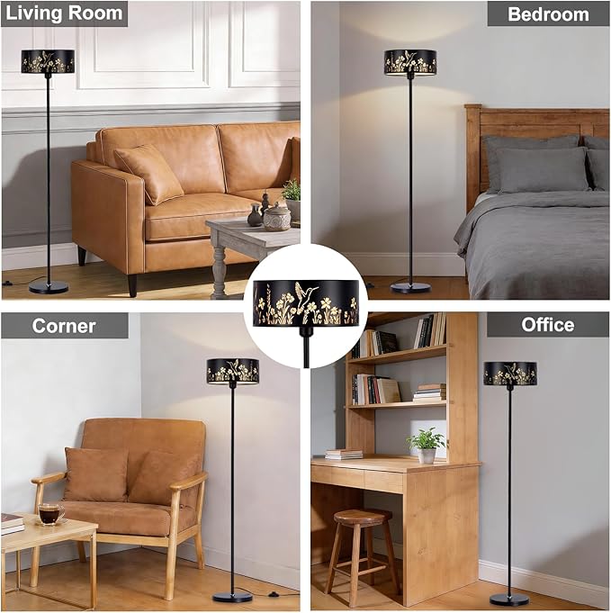 Mid Century Floor Lamp,Unique Hummingbird Floral Black Farmhouse Drum Gothic Floor Lamp with White Parchment,57.67" Tall Metal Rustic Standing Light for Living Room,Bedroom,Home,Office