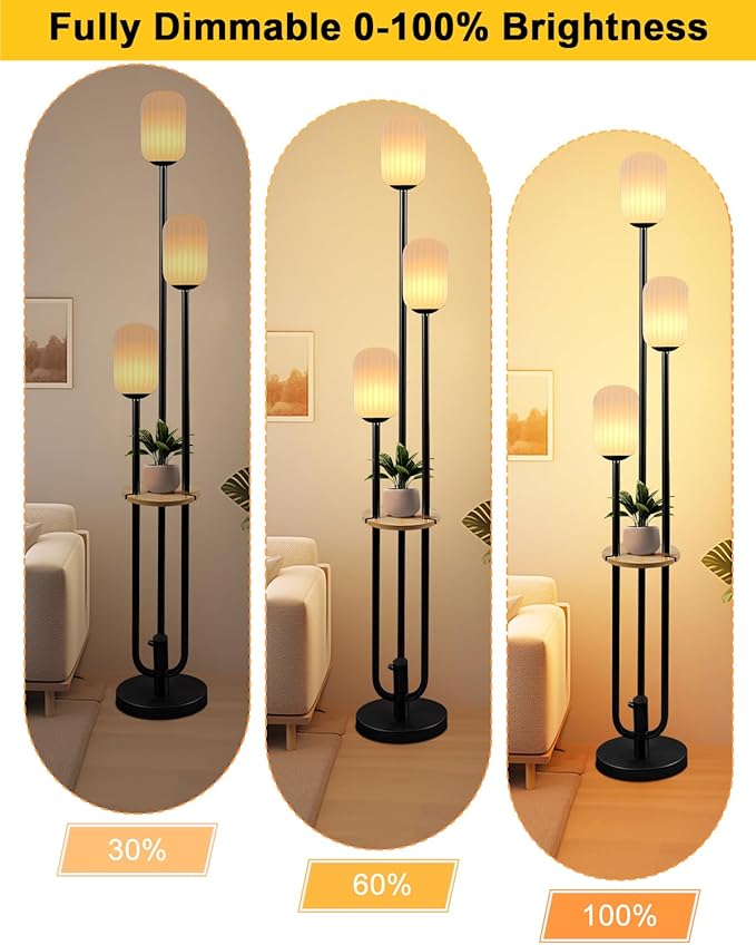 Black Dimmable Floor Lamp with Table, Modern Floor Lamps with Oval Striped Lampshade 3000K Soft Warm White 3-Lights Candle Holder Style Tall Lamp for Living Room/Bedroom