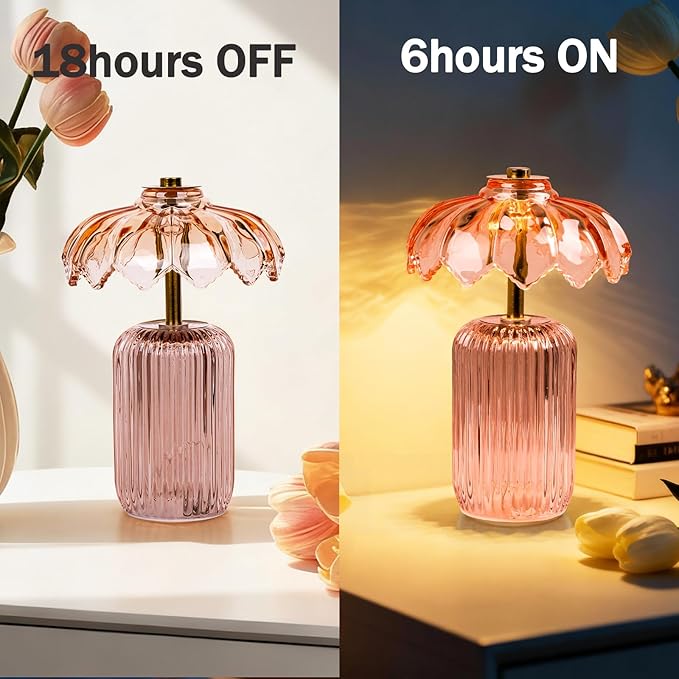 MJ PREMIER Cordless Lamp, Battery Operated Lamp with Timer, Crystal Glass Flower Lampshade, Small Table Lamps, Decorative Led Light for Bedroom Living Room Shelf (S-Pink)
