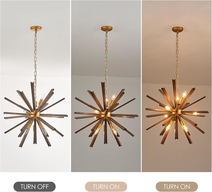 9-Light Wood Sputnik Chandelier for Entryway, Gold Dining Room Light Fixture, Farmhouse Pendant Light Fixture for Bedroom Kitchen Foyer Living Room