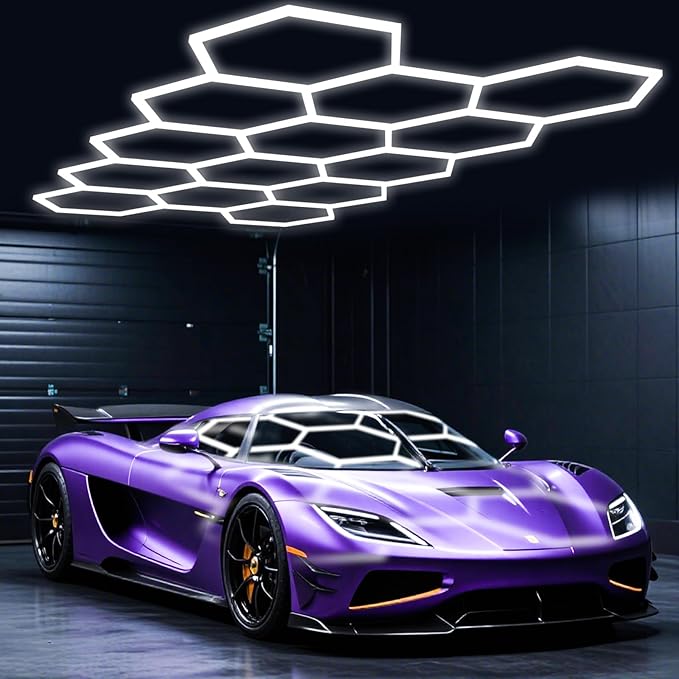 Hexagon Garage Lights,14 Grids LED Hexagon Light,456W 50160LM 7000K Honeycomb Lights for Garage,Car Detailing Shop, Basement,Warehouse