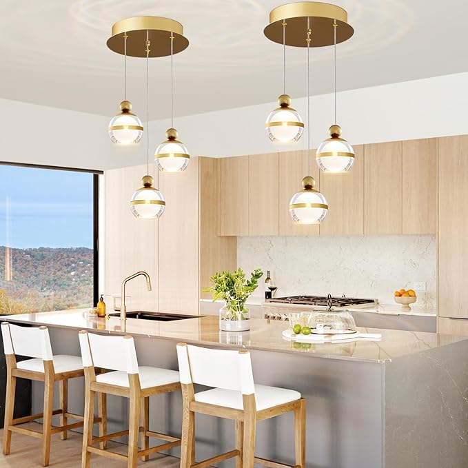 Modern Pendant Lights Gold Globe Cluster Hanging Pendant Light Fixtures Acrylic LED Pendant Lighting Kitchen Island for Dining Room Living Room Bedroom 3 Light