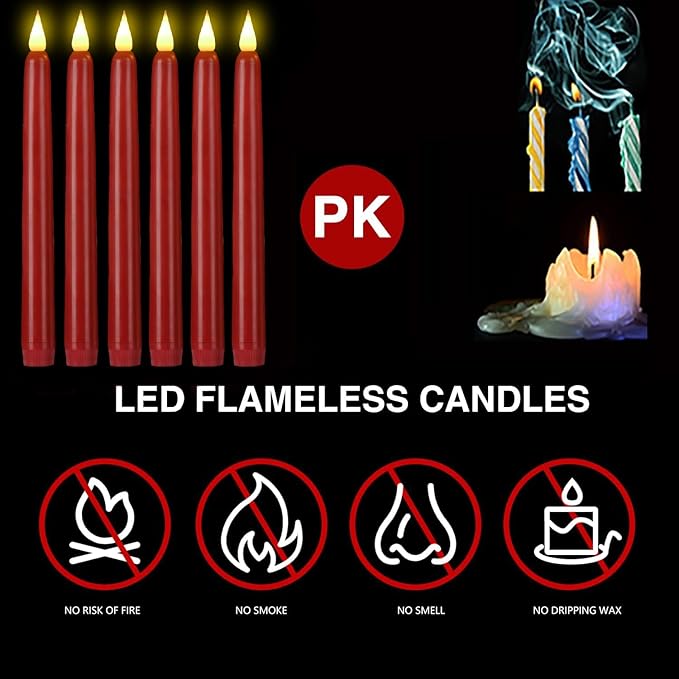 Flameless Taper Candles with Remote Control and Timer, Battery Operated LED Candlesticks with Flickering 3D Flame, 9.6 ×0.8 Inches Plastic Tall Candles for Christmas, Wedding and Home Decor (Red, 3)