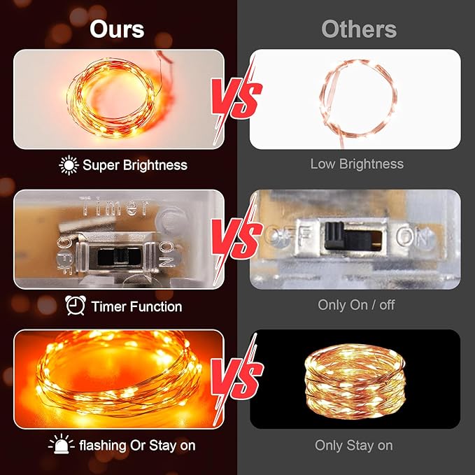 2 Pack 16.4ft Battery Operated String Lights with Timer, Orange with Synchronized Twinkle Mode, Fairy Lights Battery Powered, 50 LEDs, Idea for Christmas Bedroom Party Wedding