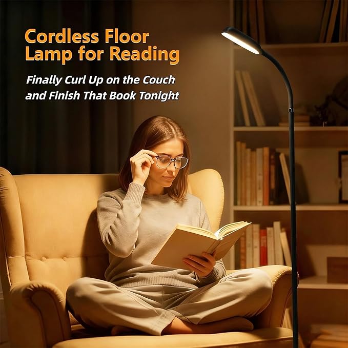 NBPLUS Cordless Portable Floor Lamp, White Touch- Standing Lamp with 3 Color Temperatures, Lightweight & Easy to Carry for Indoor Outdoor Camping Bedroom-Black