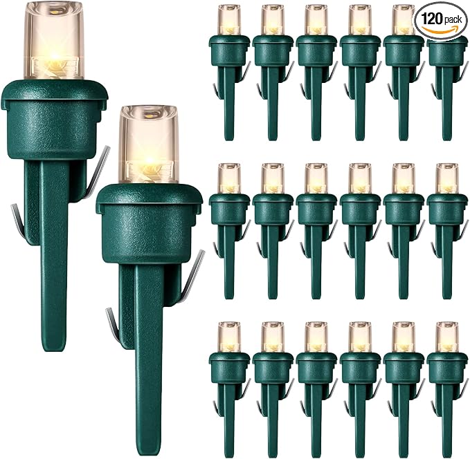 Honoson 120 Count 5 mm LED Halloween Replacement Bulbs Bulk Wide Angle Christmas Light Xmas Tree String Replacement Festival Light Decoration (Green Base with Warm White Bulb)