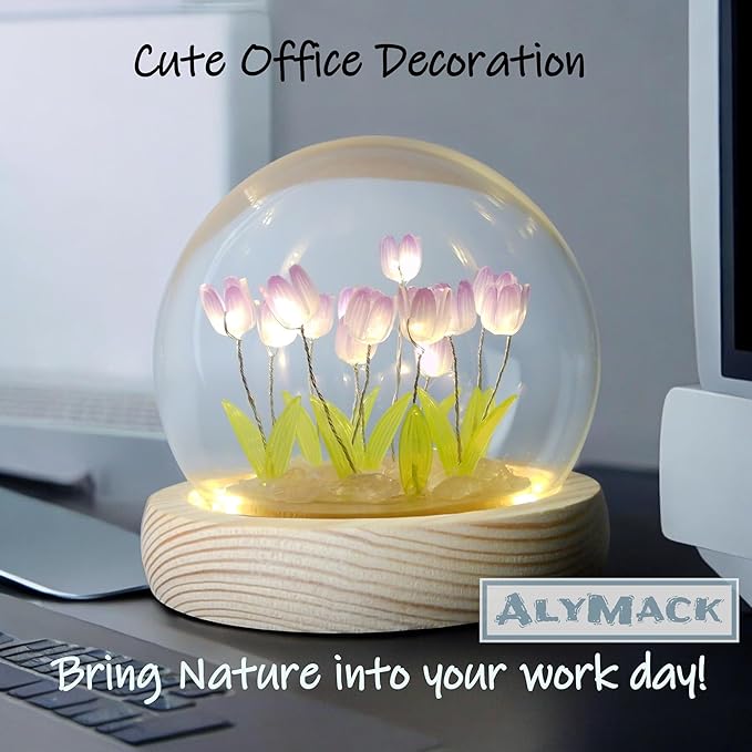 Tulip Lamp Glass Globe - Illuminated Flower Lamp with Glowing Blooms on Wooden Base - Battery-Powered Decorative Night Light for Bedroom, Living Room & Home Decor