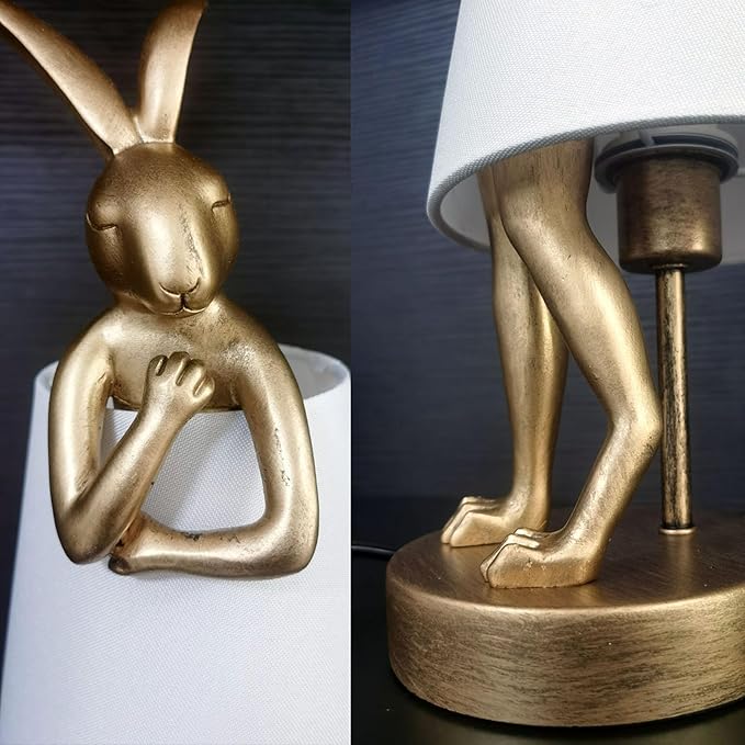 Bunny Table Lamp, Resin Animal Rabbit Lamp, LED Bunny Decor Lamp with Fabric Shade, Vintage-Style Component,Suitable for Office Study and Bedside (White H15.7)
