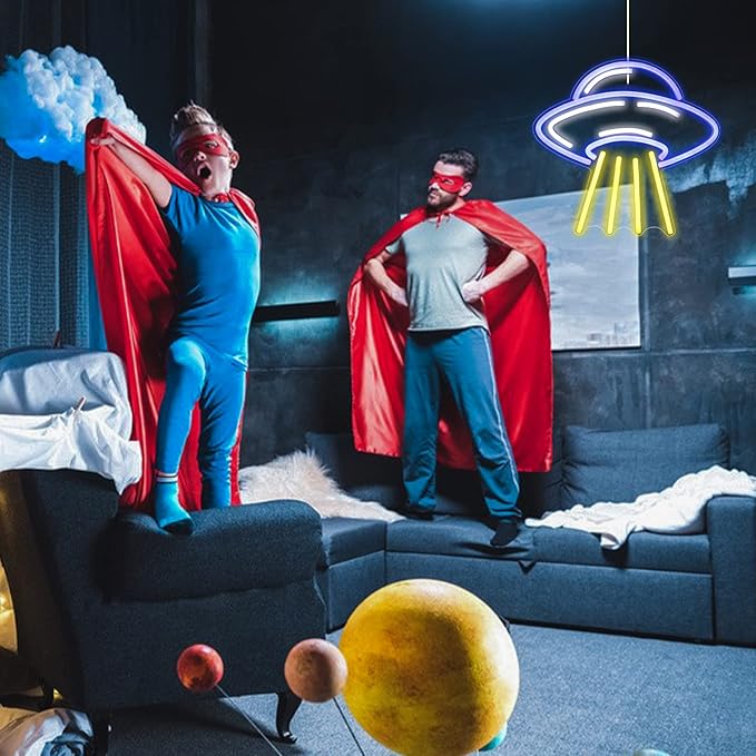 LUCUNSTAR UFO Neon Sign For Room Alien LED Neon Light Spaceship Dimmable Space Neon Signs for Wall Decor Blue UFO Neon Light Up Sign for Bedroom Game Room Wall Decor Ufo Lovers