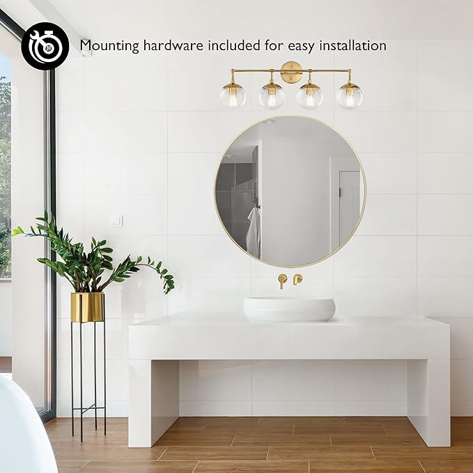 Design House Gracelyn 4-Light Dimmable Bathroom Vanity Light, Seeded Glass, Satin Gold, 31.52 in W x 8 in D x 11.45 in H, 589580