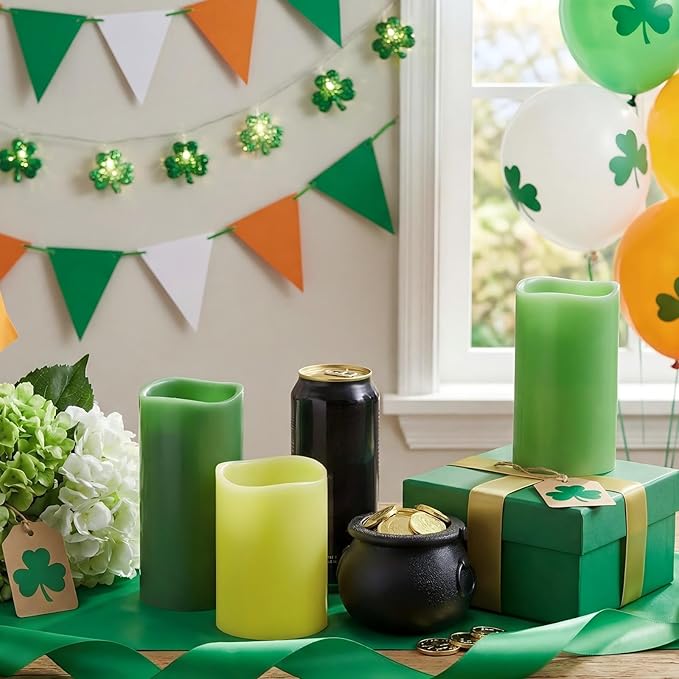 VIHOSE St. Patrick's Day Flameless Candles Battery Operated Flameless Pillar Candles Real Wax Fake Candle with Remote and Timer Flickering for St. Patrick's Easter Gift Home Party