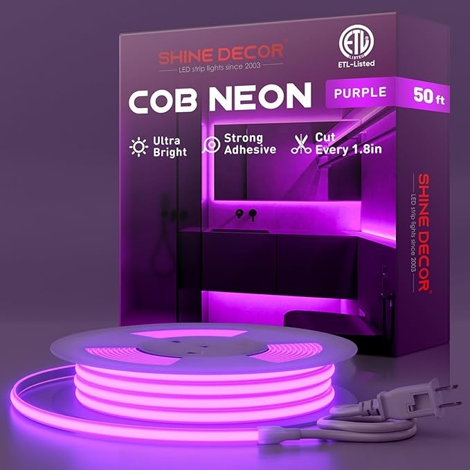 Shine Decor COB LED Rope Light AC 120V, 800lm Ultra Bright, IP65 Waterproof Cold-Resistant ETL Neon Strip, No Driver Tape Lighting for Home Commercial 10x4.5mm, Purple, 50ft