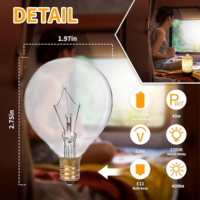 8 Pack 40 Watt Wax Warmer Bulbs Replacement Light Bulb for Full Size Scentsy Warmer 120V G50 E12 Incandescent Standard Base for Indoor Outdoor Patio String Lights