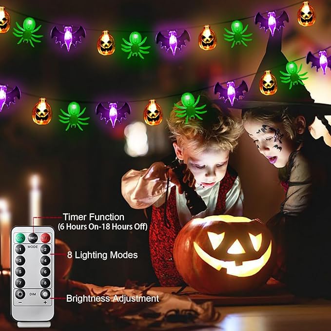 Halloween Lights, 16 FT 30 LED Waterproof 3D Pumpkin Bat Spider Battery Operated String Lights with Timer, 8 Lighting Modes Fairy Lights for Window Indoor Outdoor Decor Halloween Party Decorations