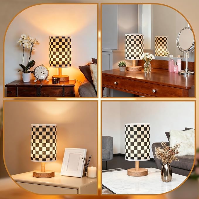 Baquler Bedside Lamp for Bedroom Black White Checkered Table Lamp with USB Racing Birthday Party Gifts Wood Base Round Flaxen Fabric Shade for Desk Living Room Office Classroom