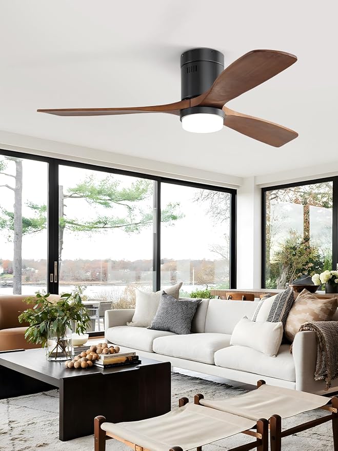 52 Inch Low Profile Ceiling Fans with Lights and Remote, 6-Speed Dimmable Outdoor Ceiling Fan with Light 3 Walnut Blades Wood Ceiling Fan with Timer, Reversible DC Motor for Patio Bedroom Farmhouse