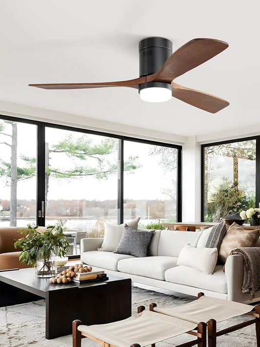 52 Inch Low Profile Ceiling Fans with Lights and Remote, 6-Speed Dimmable Outdoor Ceiling Fan with Light 3 Walnut Blades Wood Ceiling Fan with Timer, Reversible DC Motor for Patio Bedroom Farmhouse