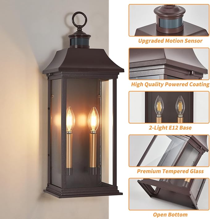 Dusk to Dawn Motion Sensor Outdoor Wall Lantern 2-Light,21.1" Large Exterior Wall Sconce Lighting,Modern Brown Wall Light Fixture with Glass, Waterproof Exterior Lamp for Patio, House, Porch, Garage