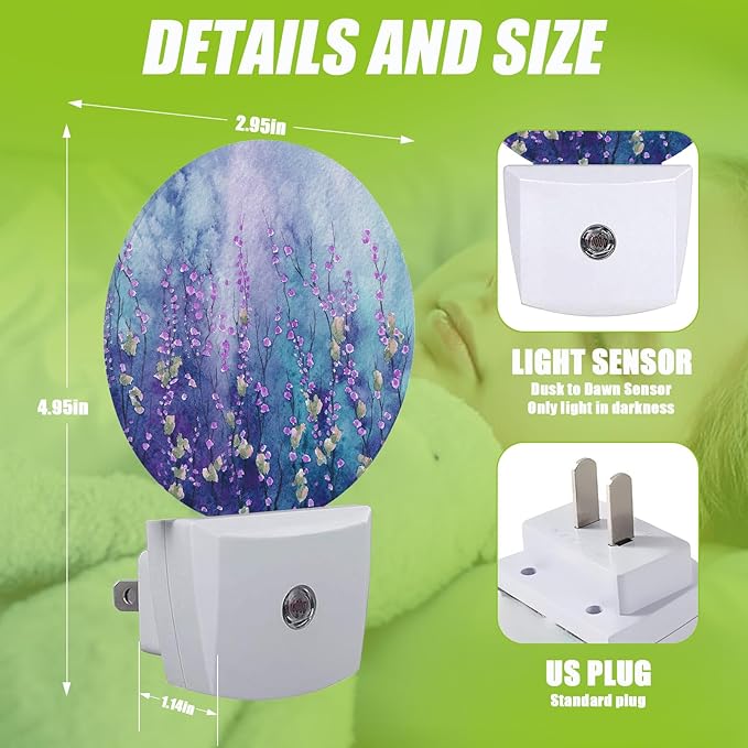 Spring Purple Flower Night Light,Floral Plug-in Night Lights with Dusk-to-Dawn Sensor for Bedroom Bathroom and Living Room Sleep Friendly lamp