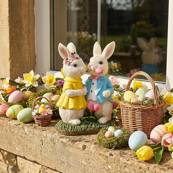 TERESA'S COLLECTIONS Easter Decorations Outdoor with Solar Lights, 8'' Lighted Easter Bunny Decor, Spring Easter Decor for Entryway Planter Mantel Tabletop Ideal Easter Gifts