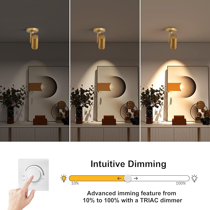 12W LED Gold Dimmable Zoomable Ceiling Spotlight Indoor – Adjustable Wall Surface Mount Accent Light for Home Corridor, Picture, Plants & Painting | Warm White 3000K CRI 97