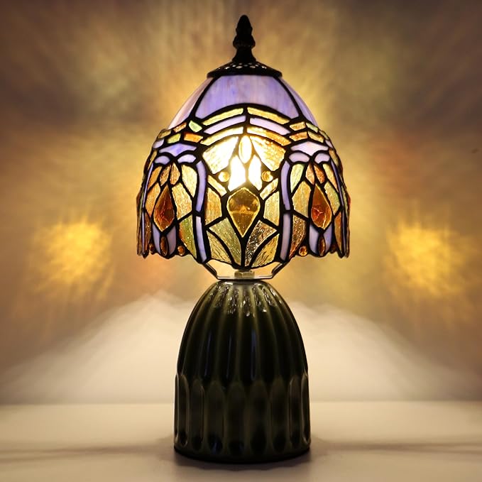 Tiffany Lamp Stained Glass Mushroom Table Lamps 6X6X12.5 Inch Purple Jewelry Baroque Style Small Night Light Ceramic Base Mini Accent Desk Light Suitable for Bedside Table Bedroom Children Room