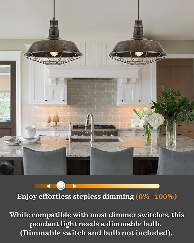 Brass Industrial Pendant Lights 2 Packs, 18.1 Inch Oversized Farmhouse Vintage Pendant Light, Black and Brass Barn Pendant Light with Wire Cage, Island Pendant Lights for Kitchen Warehouse