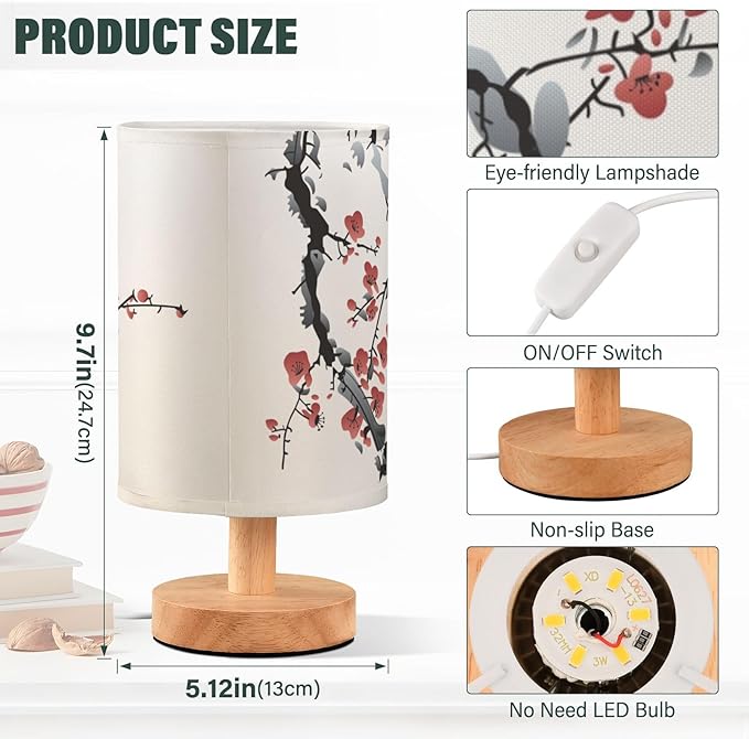 Bedside Table Lamp Japanese Cherry Blossom Nightstand Lamp with Wood Wintersweet Bird Vinter Floral Desk Lamps for Bedroom Living Room Nursery Office Home Decor