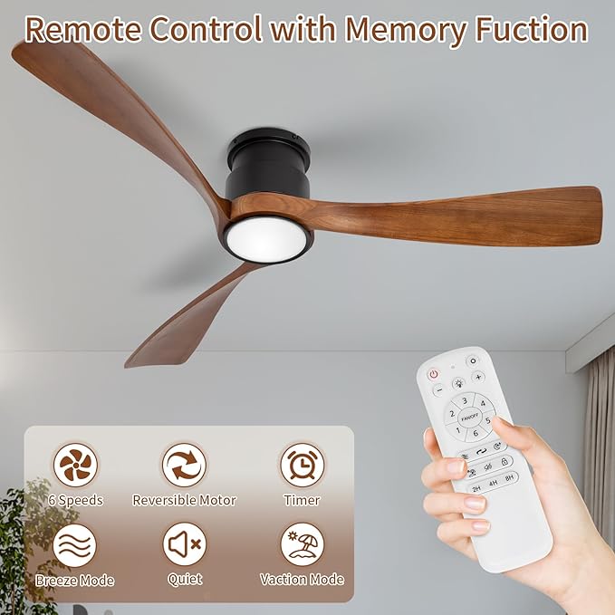52inch Ceiling Fan with Lights,Flush Mount Wooden Ceiling Fans with Remote Control,Dimmable Light,3 CCT,6 Speeds,Noiseless DC Motor,Ceiling Fan for Bedroom,Living Room,Office,Indoor,Dark Brown
