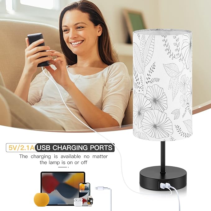 Touch Control Bedside Lamp with 2 USB Ports, 3-Way Dimmable Table lamp for Bedroom, Nightstand Lamp with Round Flower Fabric Shade for Living Room Home Office (E26 LED Bulb Included)